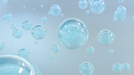 3D cosmetic rendering Blue Bubbles of serum on a blurry background. Design of collagen bubbles. Essentials of Moisturizing and Serum Idea. Concept of vitamins for beauty and health.