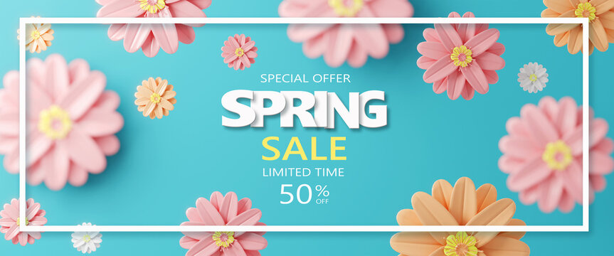 3d Rendering. Spring sale banner with beautiful colorful flower. Can be used for template, banners, wallpaper, flyers, invitation, posters, brochure, voucher discount.