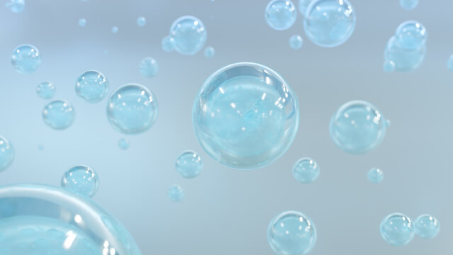 3D cosmetic rendering Blue Bubbles of serum on a blurry background. Design of collagen bubbles. Essentials of Moisturizing and Serum Idea. Concept of vitamins for beauty and health.