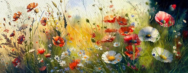 Fototapeta na wymiar Watercolor paintings landscape, artwork, fine art, field of poppies and flowers, panoramic