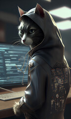 Cat Hacker. Cat in the Hood. Cat hacking programs. Smart pet - Generated by Generative AI
