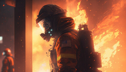 Firefighter attending to a blazing building, generative ai