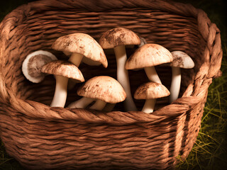 Mushrooms in a straw basket. Mushroom picking in the forest. edible mushrooms. Generative AI.