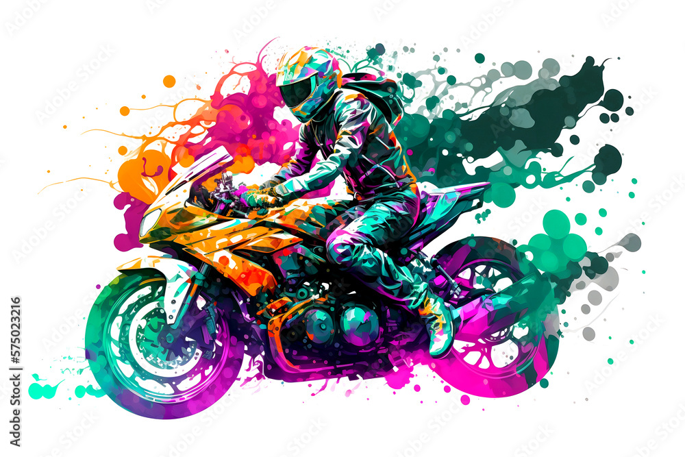 Wall mural Sticker of Biker on sport motorcycle in watercolor style on white background. Neural network AI generated art