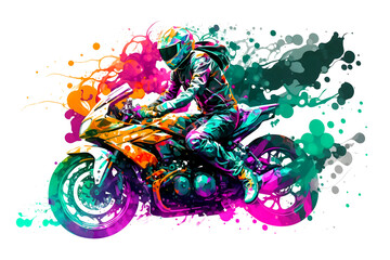 Naklejka na ściany i meble Sticker of Biker on sport motorcycle in watercolor style on white background. Neural network AI generated art