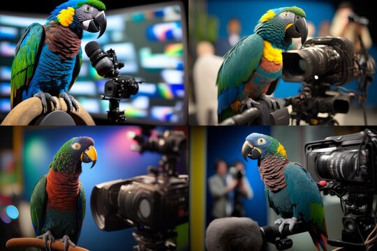 Unreal Parrot News Anchor Reporting Live on 32k Television with Super-Resolution & ProPhoto RGB Color Grading, Depth of Field & VR, Halfrear & Backlighting, Tilt Blur, and Megapixel Clarity, generativ