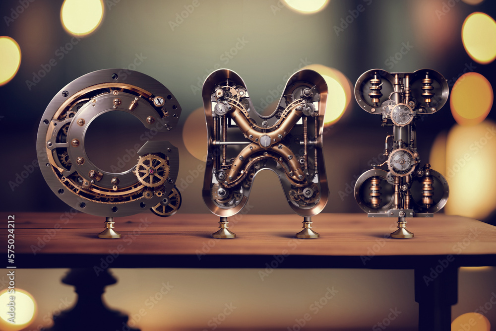 Poster vintage steampunk style letters standing on the table with blurred bokeh background. font set made w