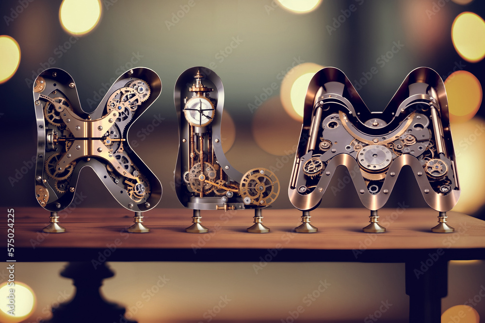 Poster vintage steampunk style letters standing on the table with blurred bokeh background. font set made w