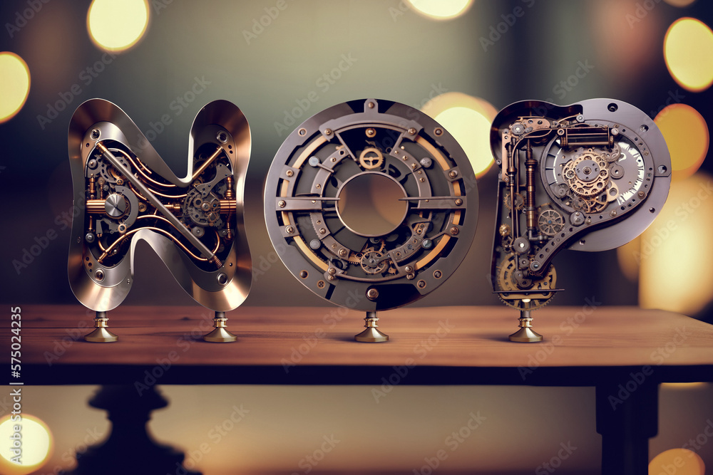 Poster vintage steampunk style letters standing on the table with blurred bokeh background. font set made w