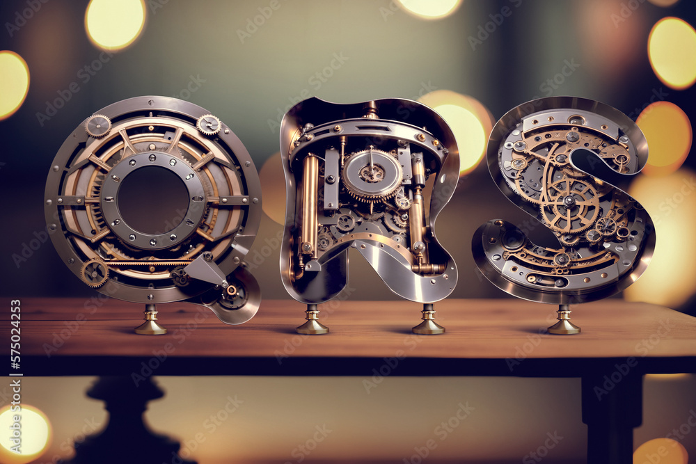 Poster vintage steampunk style letters standing on the table with blurred bokeh background. font set made w