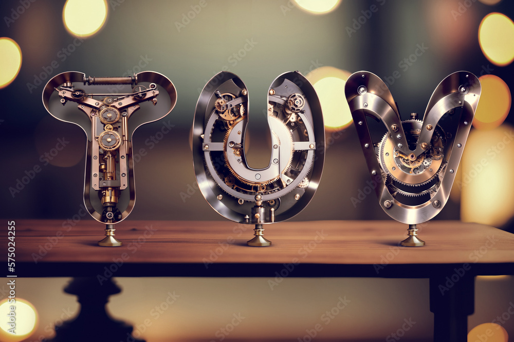 Poster vintage steampunk style letters standing on the table with blurred bokeh background. font set made w