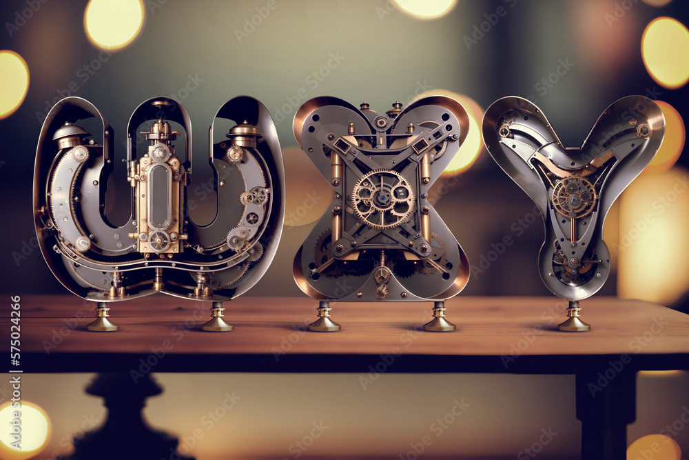 Poster vintage steampunk style letters standing on the table with blurred bokeh background. font set made w