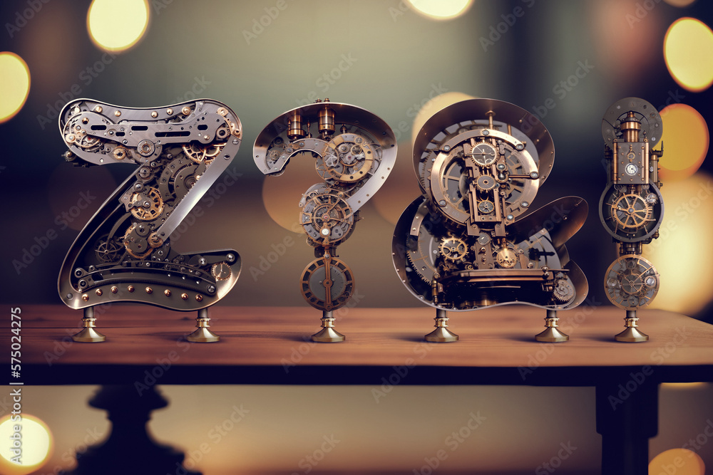 Poster vintage steampunk style letters standing on the table with blurred bokeh background. font set made w