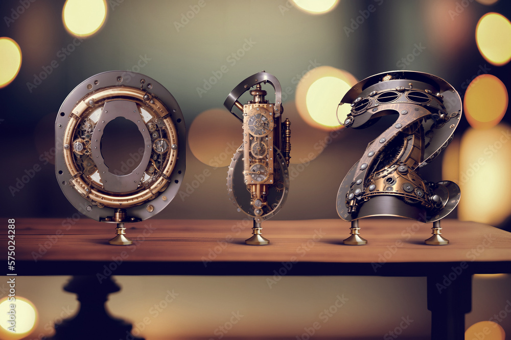 Poster vintage steampunk style letters standing on the table with blurred bokeh background. font set made w