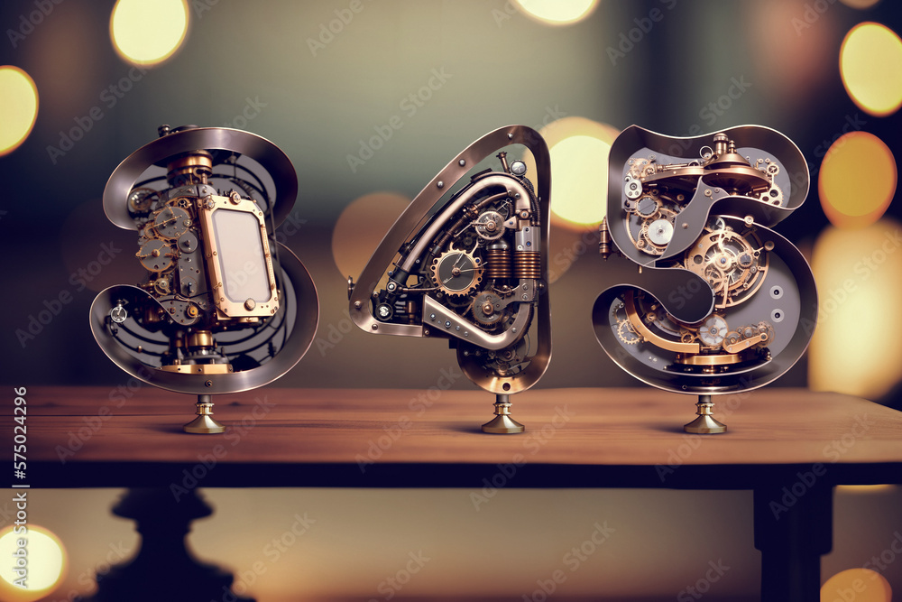 Poster vintage steampunk style letters standing on the table with blurred bokeh background. font set made w