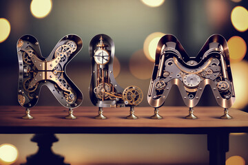 Vintage steampunk style letters standing on the table with blurred bokeh background. Font set made with Generative AI technology.