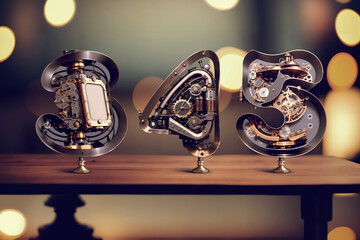 Vintage steampunk style letters standing on the table with blurred bokeh background. Font set made with Generative AI technology.