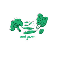 Healthy food. Flat illustration of spinach, broccoli, green peas and cucumber with text Eat green. Hand drawn. Ideal for eco market, organic products, labels