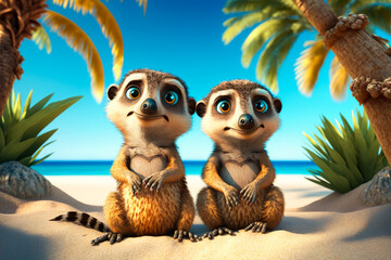 Two meerkats on the beach with palm trees in the background. Generative AI.
