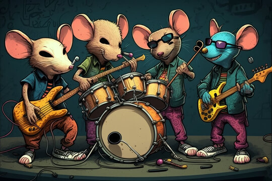 Group of three mice with guitars and drums. Generative AI.