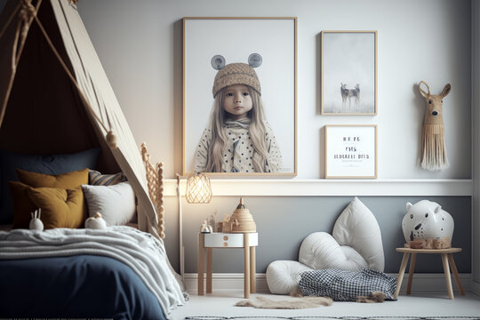 Child's bedroom with teepee bed and pictures on the wall. Generative AI.
