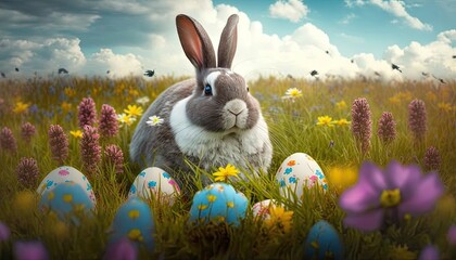 Rabbit in a field of grass and flowers surrounded by Easter eggs with the sky and clouds in the background