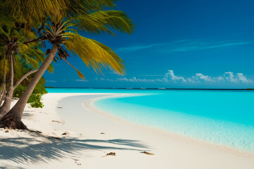 Fototapeta na wymiar White sandy beach with palm trees and turquoise water. Generative AI.