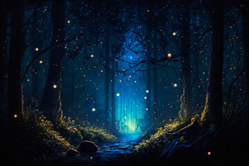 Dark forest with fireflies in it. Generative AI.