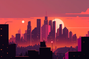 futuristic city at sunset. Generative AI.