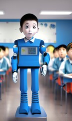 Classroom of the future with male humanoid robot teacher teaching a class of school children. Generative AI illustration.
