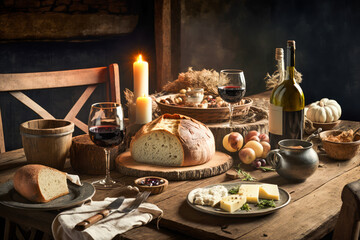 Table set with bread, cheese, wine and candles. Generative AI.