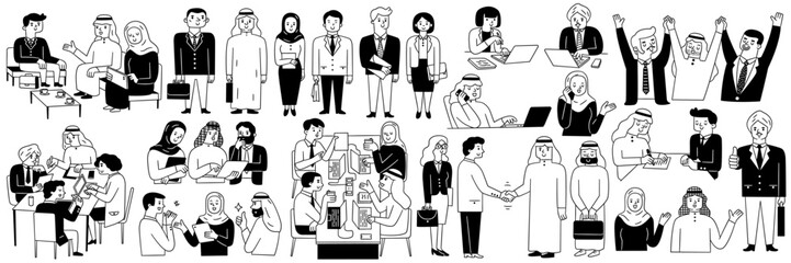 Cute character doodle illustration of many different businesspeople in various poses and activities. Multicultural concept, Arabian, african, asian, caucasian, sikhs, indian. Black and white ink draw