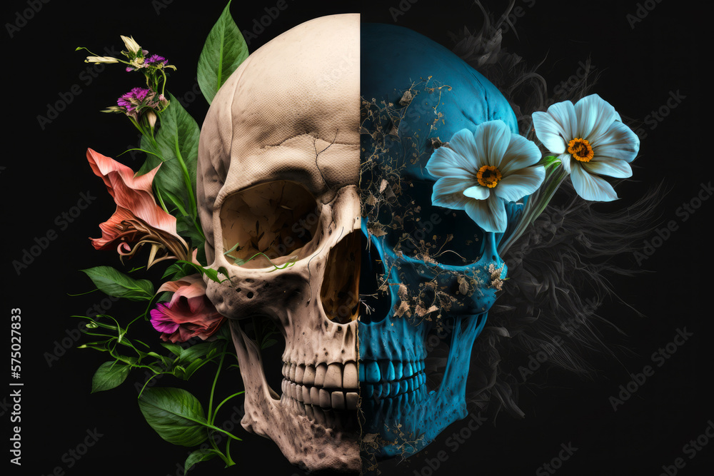 Sticker Skull and flowers on black background. Generative AI.