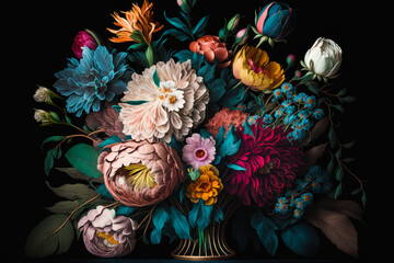 Bouquet of flowers in vase on black background. Generative AI.