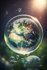 Earth globe inside a soap bubble floating
