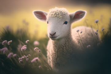 Fototapeta premium Cute white lamb in nature on a meadow with flowers looking at camera. Generative AI
