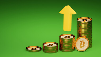 3D rendering of a stack of bitcoin coins on a green background. For online services, web page design, article design. Cryptocurrency markets. Background with realistic bitcoin coins.