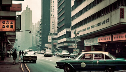Street-life in a 70s Asian city resembling Hong-Kong - generative ai