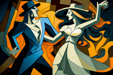 Latin American Hispanic male and female couple dancing the ballroom Tango dance shown in an abstract cubist style painting for a poster or flyer, computer Generative AI stock illustration image
