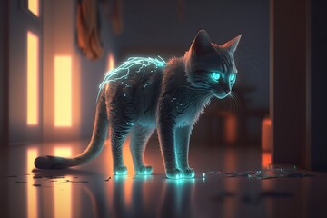 Beautiful kitten with a neon element. neon light on the animal. generative ai	