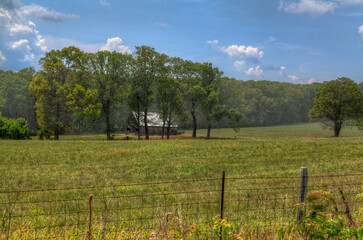 Fototapeta na wymiar Barn under a tree grove in a field in the Ozarks 