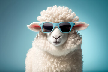 Funny sheep wearing sunglasses. Generative AI. - obrazy, fototapety, plakaty