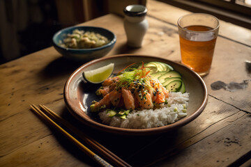 Fototapeta premium japanese food, salmon with rice on a wooden table.Image generated by AI