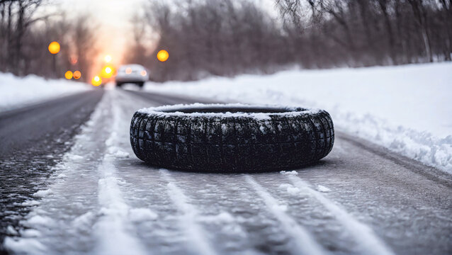 car tire laying on long frozen asphalt road in winter green car and bokeh lights in distant background, generative AI