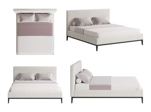 A set of four views of an elegant beige bed with two pillows and a simple textile headboard. Top view, perspective view, front view, side view. 3d render