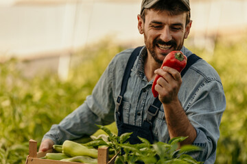 Smiling agriculturalist holding fresh raw veggies while working on his farm. Farmer enjoying a...