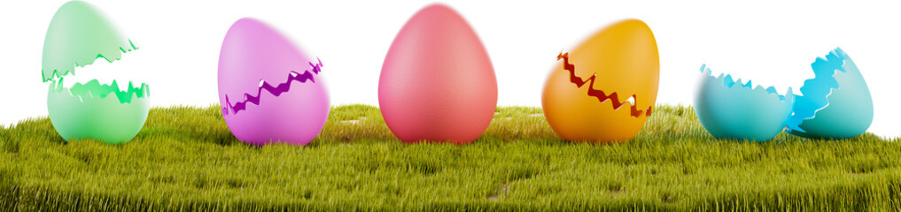 Colorful eggs in the grass. Grass field and Easter eggs. Happy Easter, banner. 3d render. Transparent background, PNG file