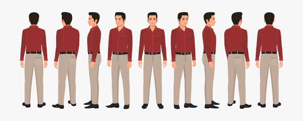 Indian Business Man Wearing Shirt and Pant, Character Front, side, back view and explainer animation poses