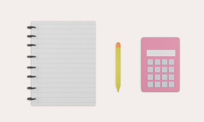 Minimal 3D office line book with a pencil and a calculator isolated on white background. The concept of education. 3D render illustration