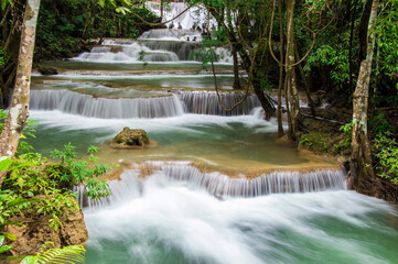 Huay Mae Kamin waterfall in deep rain forest jungle  in Kanchanaburi, Thailand)